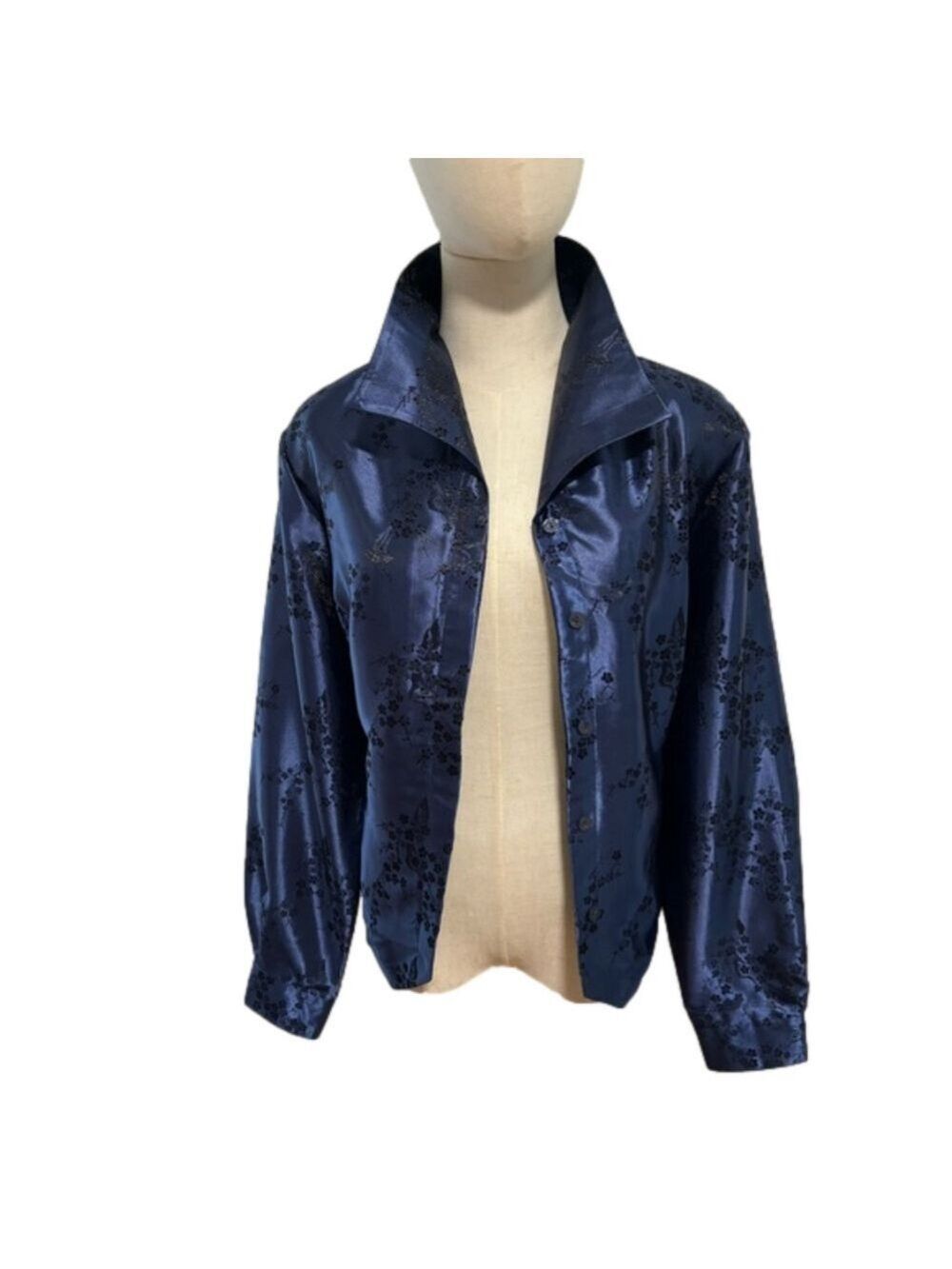 90s SATIN BROCADE BLUE ASIAN INSPIRED BROCADE LIZ BAKER SHIRT JACKET SHACKET 14 - Picture 4 of 12